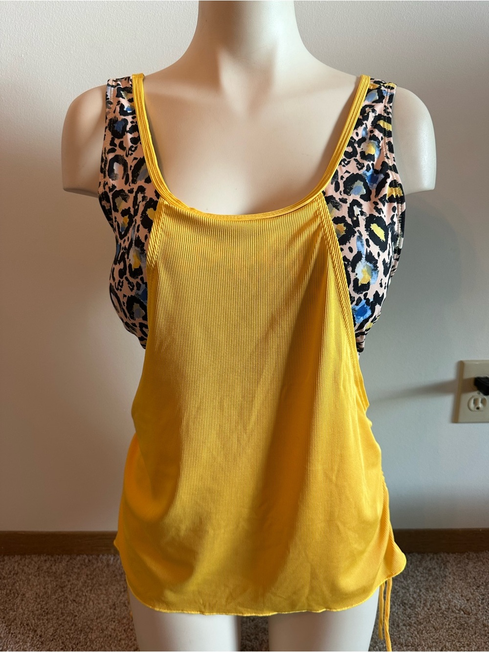 Yellow Scoop Neck Women's Tank with Leopard Trim